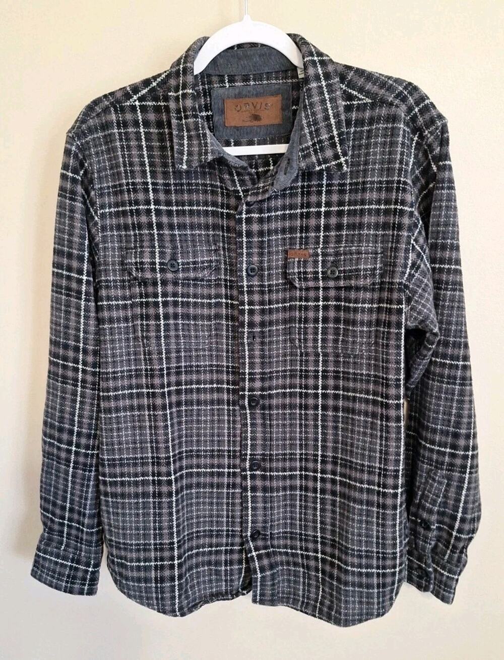 Orvis Classic Gray/Black Flannel Plaid Button Up Long Sleeve Shirt Men's Large